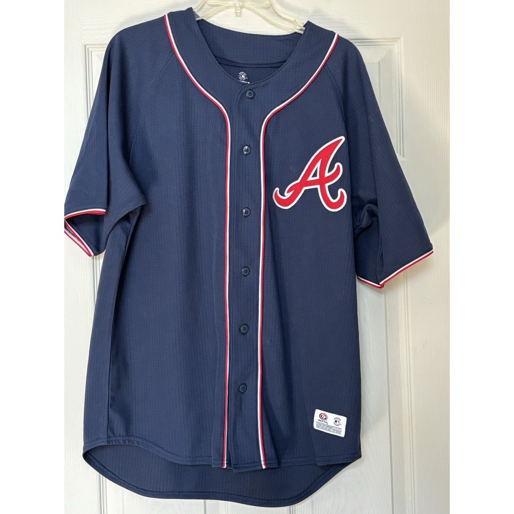 Atlanta Braves Jersey Mens Large Blue True Fab Shirt Button Up Baseball MLB